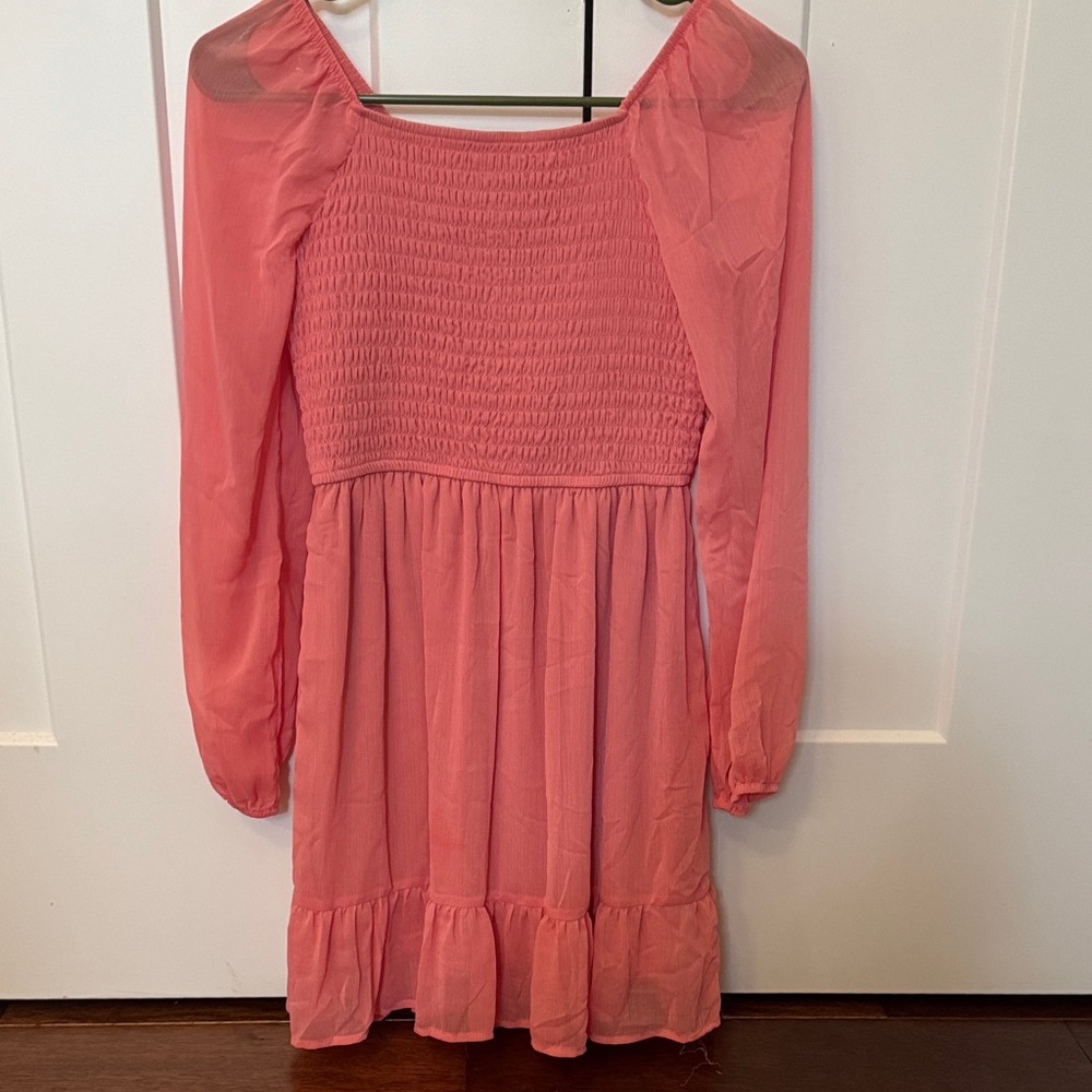 all in motion Coral Pink Smocked Long Sleeve Ruffle Hem Dress